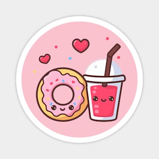 Kawaii Donut and Strawberry Drink with Hearts | Cute Food Art in Kawaii Style Magnet